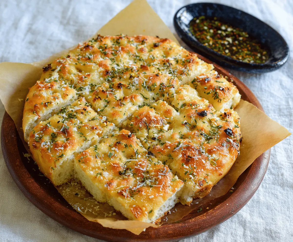Golden garlic Parmesan focaccia bread topped with fresh herbs and melted cheese, perfect for sharing