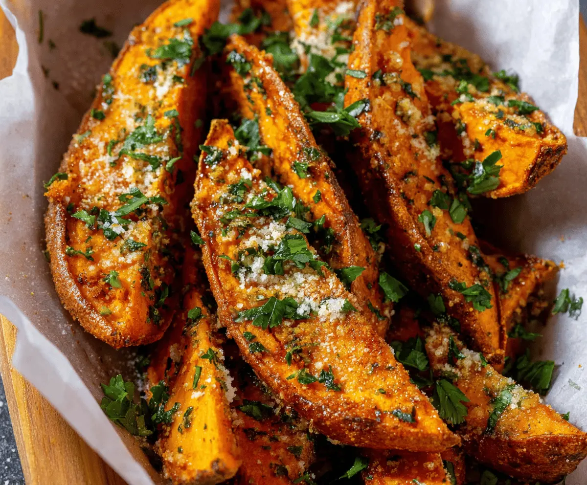 Crispy garlic Parmesan sweet potato wedges on a white plate with fresh herbs, ideal for a healthy snack or side dish