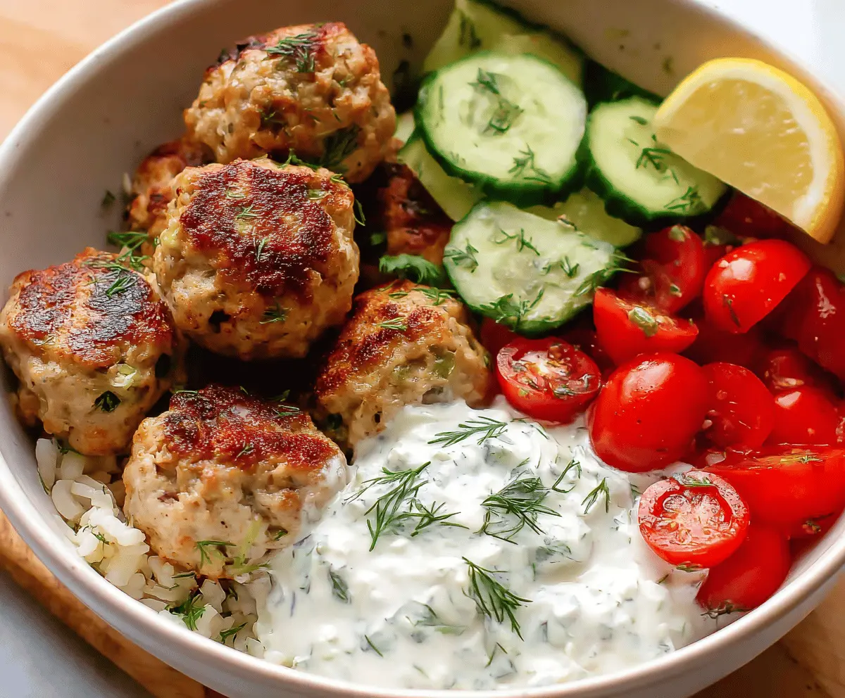 Delicious Greek turkey meatballs served with creamy homemade tzatziki sauce on a white plate