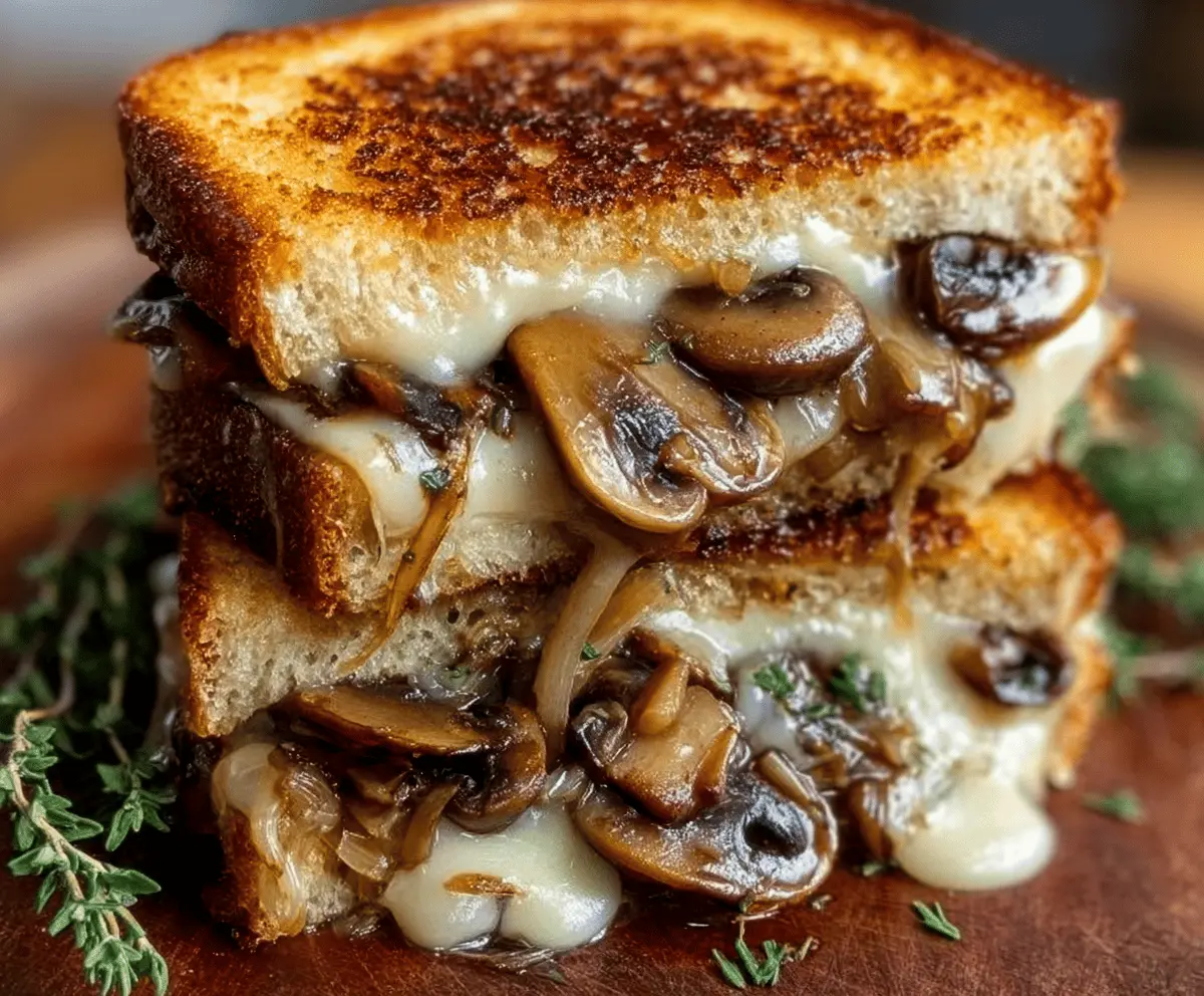 Delicious grilled cheese sandwich with melted Gouda cheese, roasted mushrooms, and caramelized onions on crispy bread.
