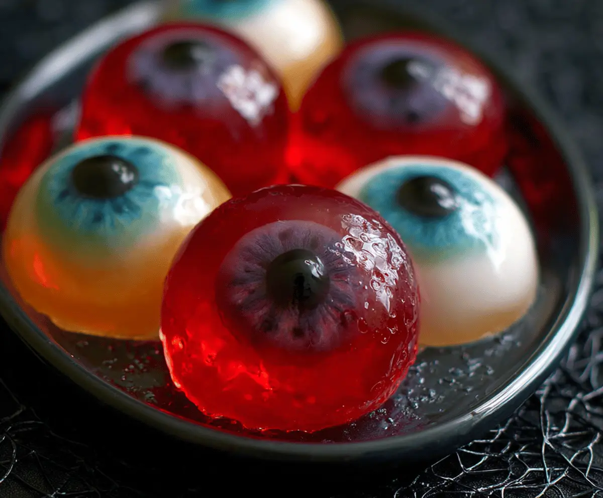 Colorful Halloween Eyeball Jello Shots with gummy eyeballs and vibrant red, green, and purple gelatin in clear cups for a spooky party treat