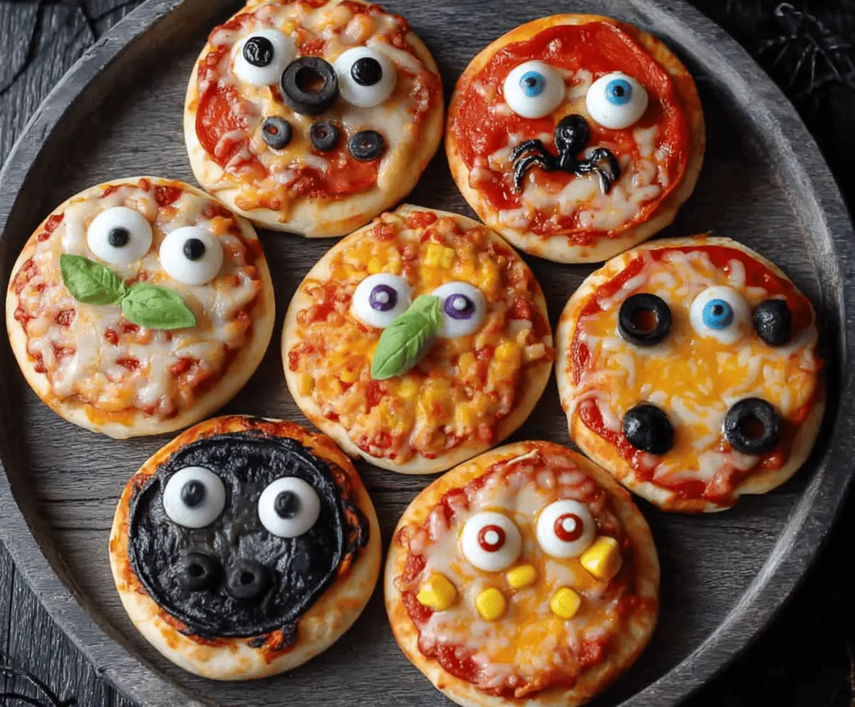 Cute Halloween mini pizzas decorated as spooky eyeballs, perfect for kids' parties and festive snacks.