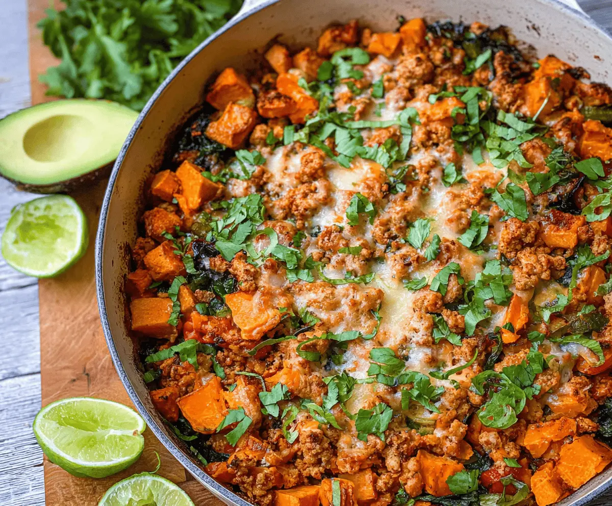 Healthy ground turkey and sweet potato bake served for dinner, featuring a nutritious and flavorful meal with browned turkey and roasted sweet potatoes.