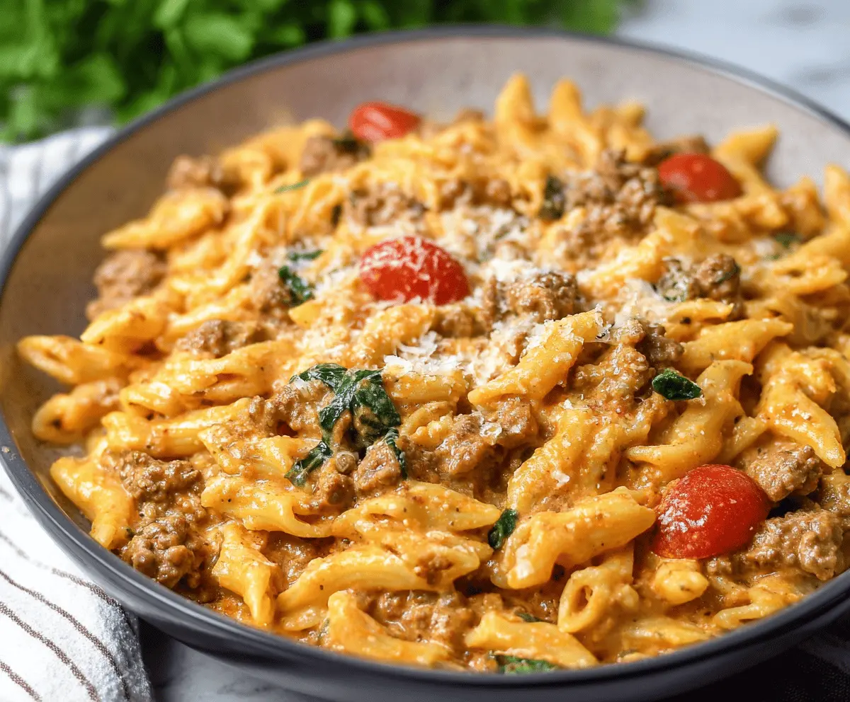 Creamy high-protein beef pasta dish, perfect for quick weeknight dinners, featuring tender beef and rich sauce