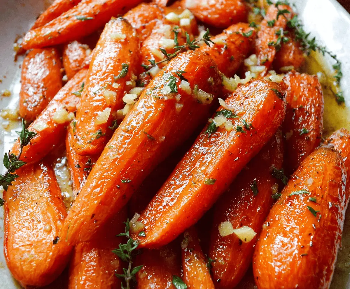 Roasted carrots glazed with honey and garlic on a white plate, garnished with fresh herbs, perfect for a flavorful Honey Garlic Roasted Carrots recipe.