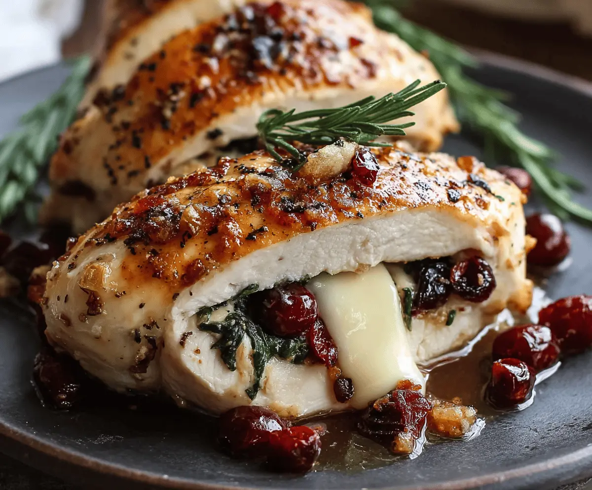 Juicy stuffed chicken breast filled with melted brie cheese and fresh cranberries, garnished with herbs, on a white plate perfect for holiday dinners