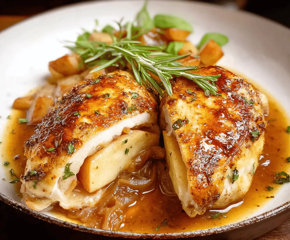 Juicy chicken breast stuffed with apple and Brie, topped with a sweet maple glaze, served with fresh herbs and a side of roasted vegetables.