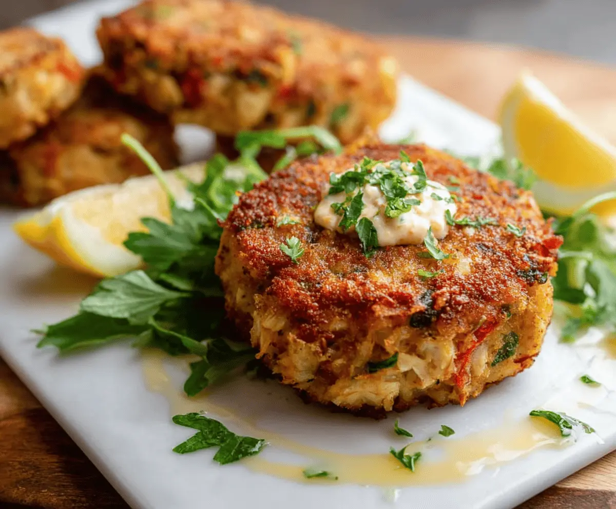 Delicious Maryland-style crab cake with golden crust, served with lemon wedges and fresh greens, perfect for seafood lovers.