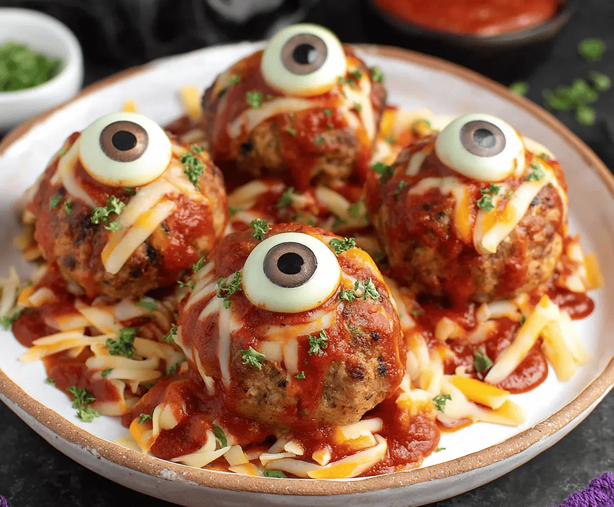 Close-up of spooky Monster Eyeball Meatballs on a platter, perfect keto party food with spooky eye details and savory meatball textures.