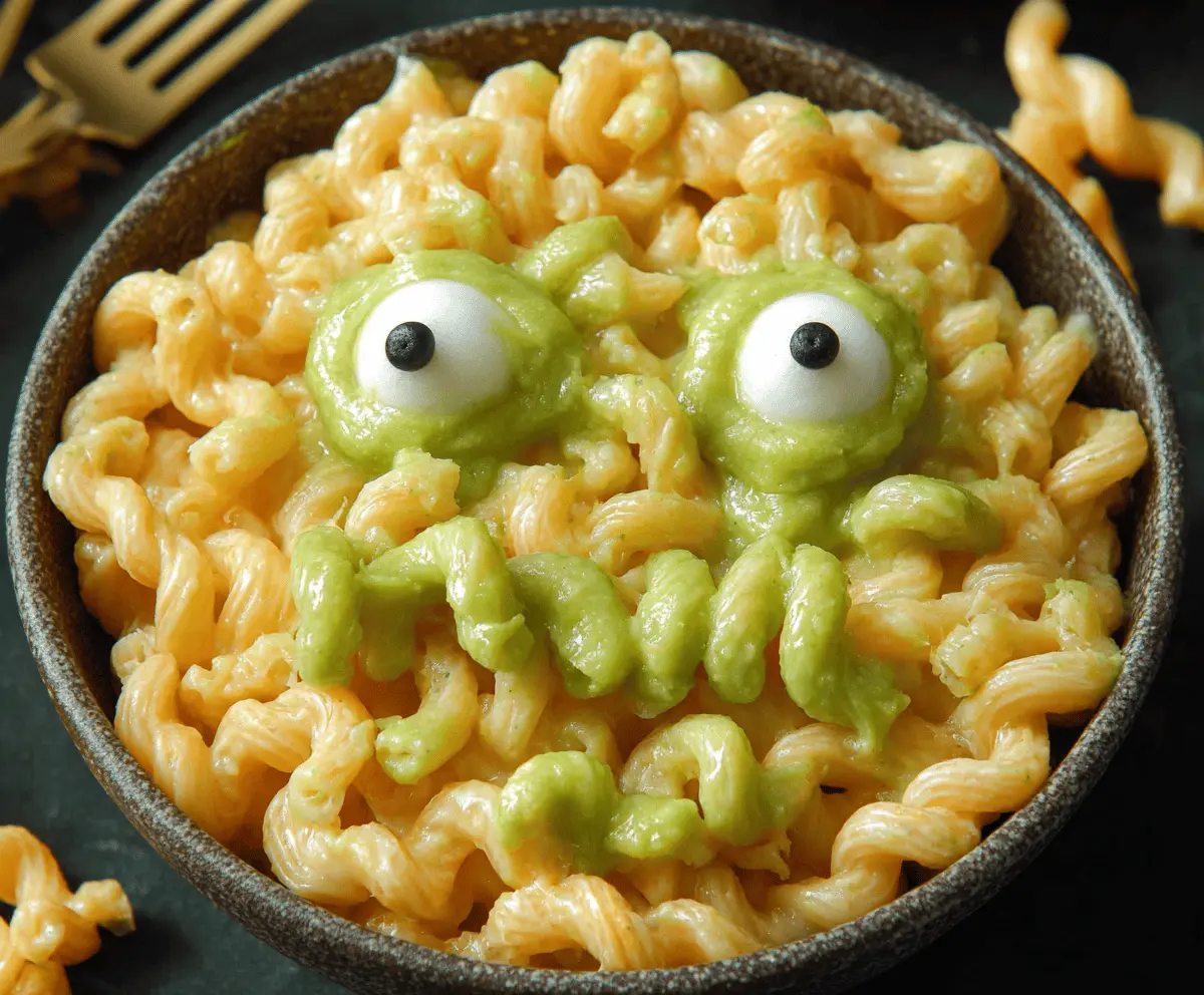 A spooky Monster Mac and Cheese bowl with creepy green and black pasta, perfect for a Halloween dinner party.