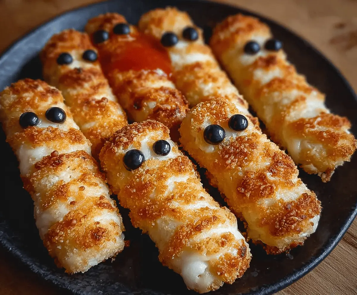 Crunchy mummy mozzarella sticks wrapped in ghostly breading with gooey melted cheese inside, perfect for Halloween snacks.