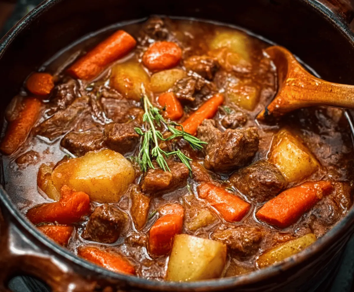 Hearty homemade old fashioned beef stew with tender beef chunks, vegetables, and rich broth served in a rustic bowl.