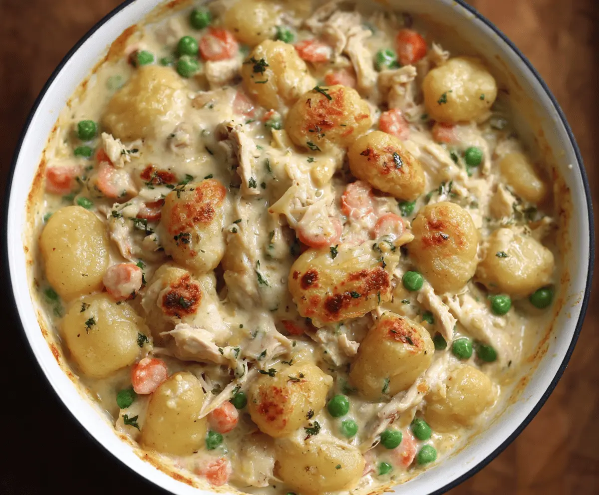 Creamy One Pot Gnocchi Chicken Pot Pie served in a bowl with golden crust and fresh herbs
