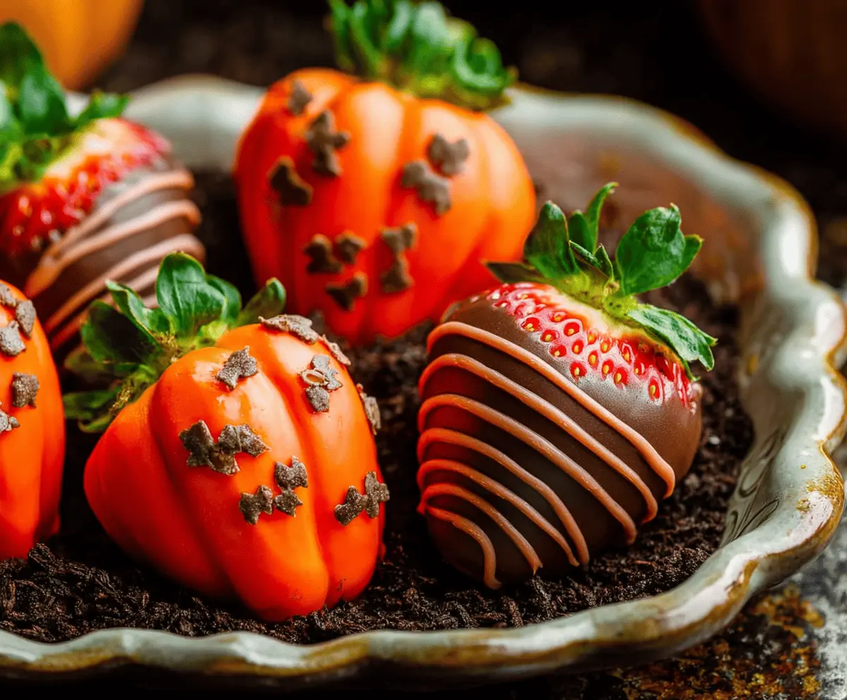 Chocolate-covered strawberries decorated as pumpkin patches with green stems and orange pumpkin details, perfect for fall-themed treats.
