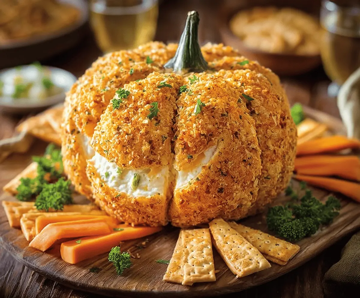 Delicious pumpkin-shaped cheese ball appetizer garnished with herbs and crackers for fall party or holiday celebration