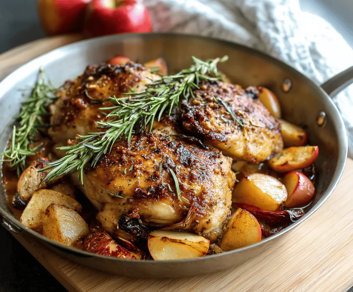 Juicy roasted chicken breasts topped with fresh rosemary and apple cider glaze, served alongside apple slices and herbs for Rosemary Apple Cider Chicken recipe