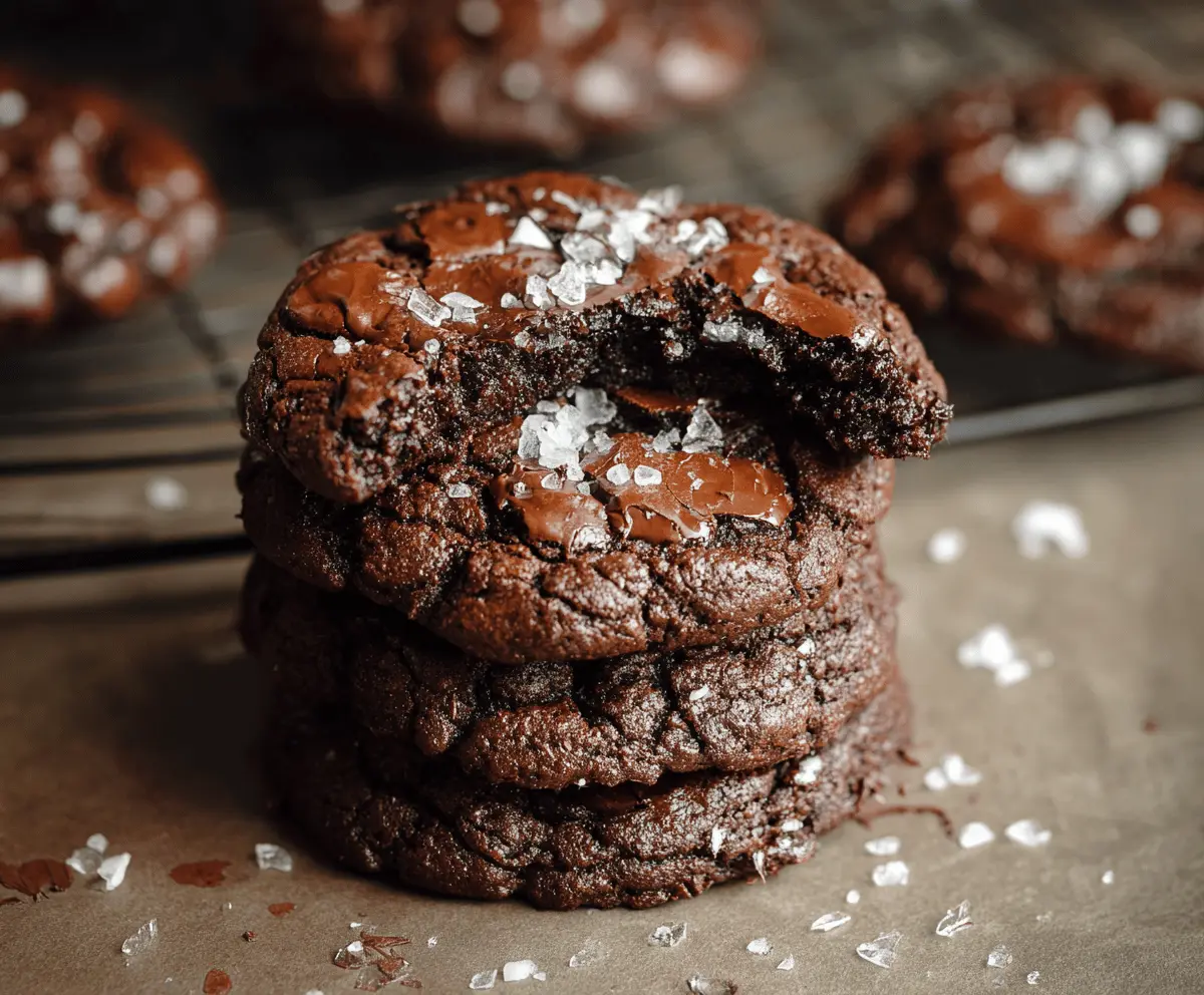 Delicious salted brownie cookies topped with sea salt, showcasing a rich, chocolatey texture and a chewy, fudgy interior