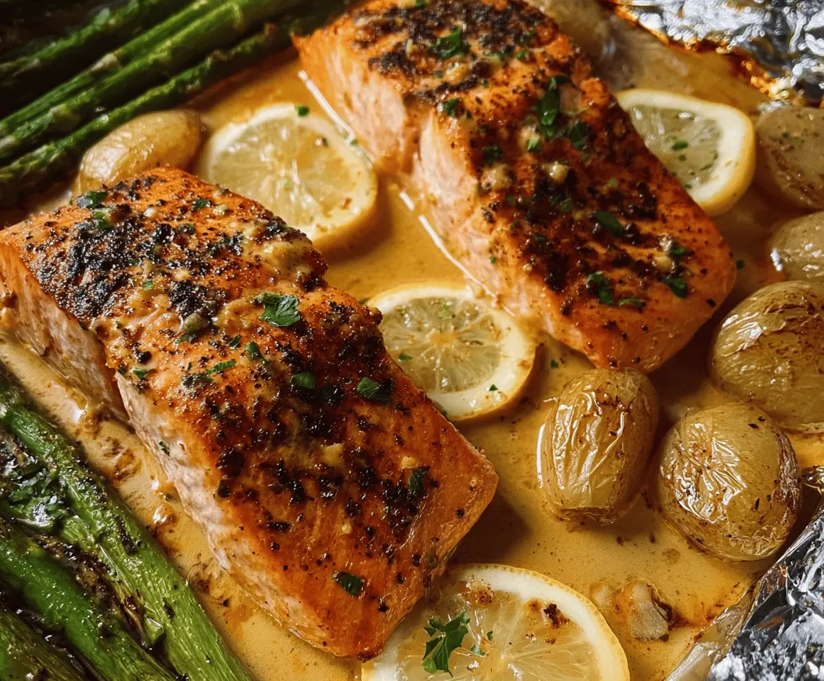 Delicious sheet pan lemon garlic butter salmon garnished with fresh herbs on a baking tray, perfect for a healthy, flavorful dinner.