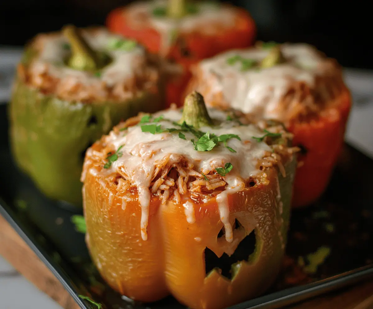 Halloween Shredded Chicken & Rice Stuffed Peppers Recipe