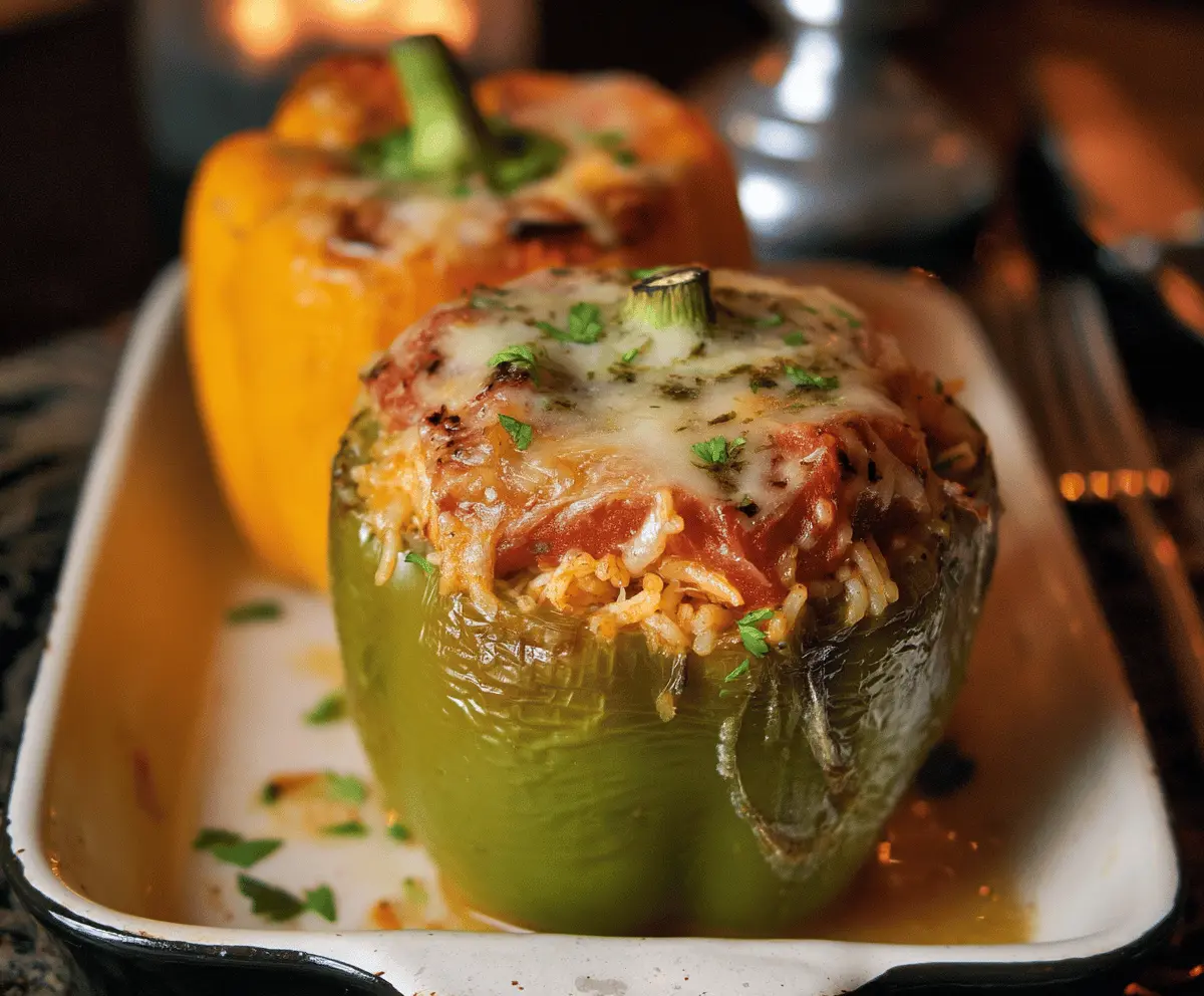 Delicious shredded chicken and rice stuffed bell peppers decorated for Halloween, featuring colorful and festive presentation perfect for a spooky dinner recipe.