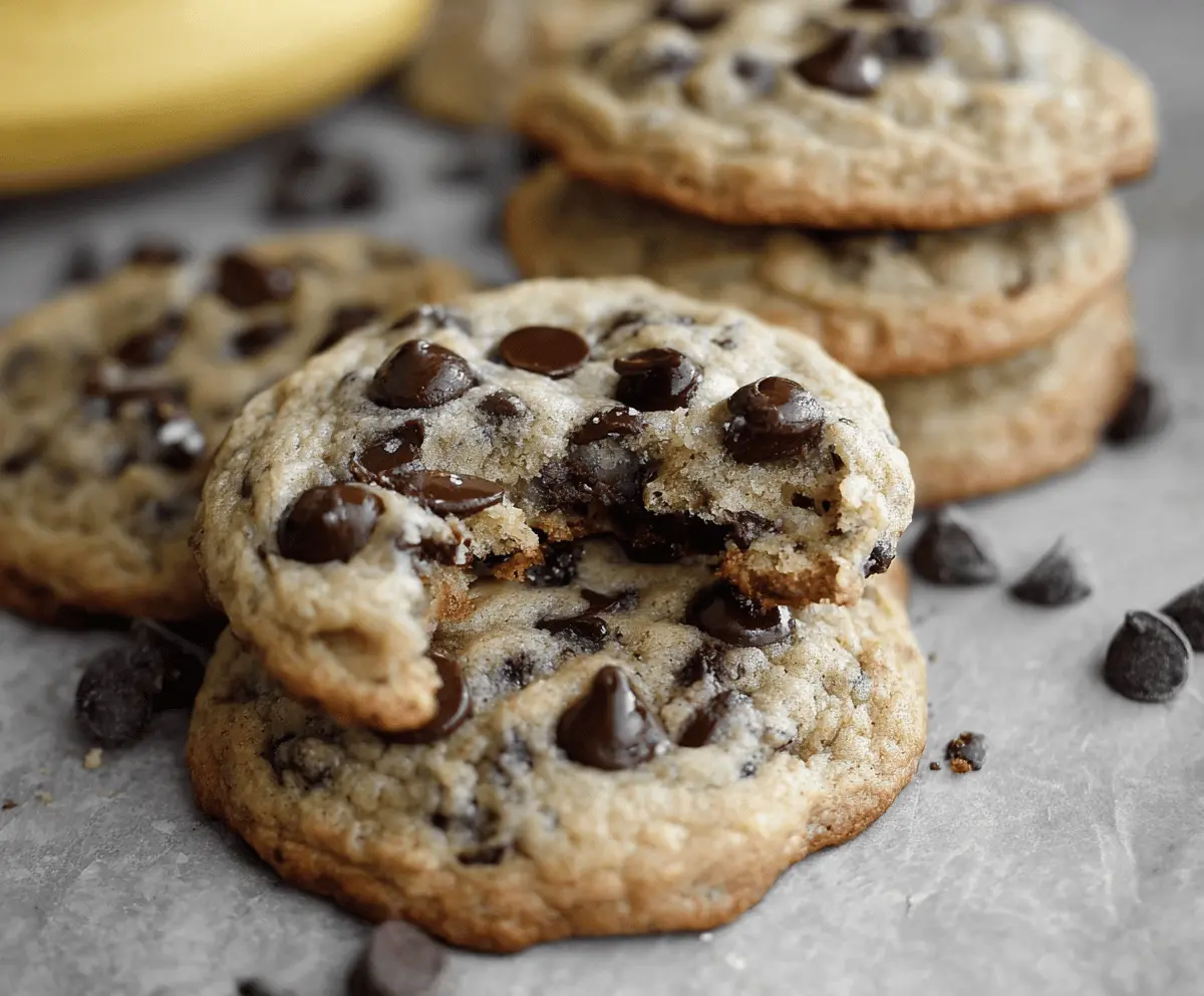 Delicious soft and chewy banana chocolate chip cookies on a plate with melted chocolate chips and ripe bananas, perfect for a sweet snack or dessert.