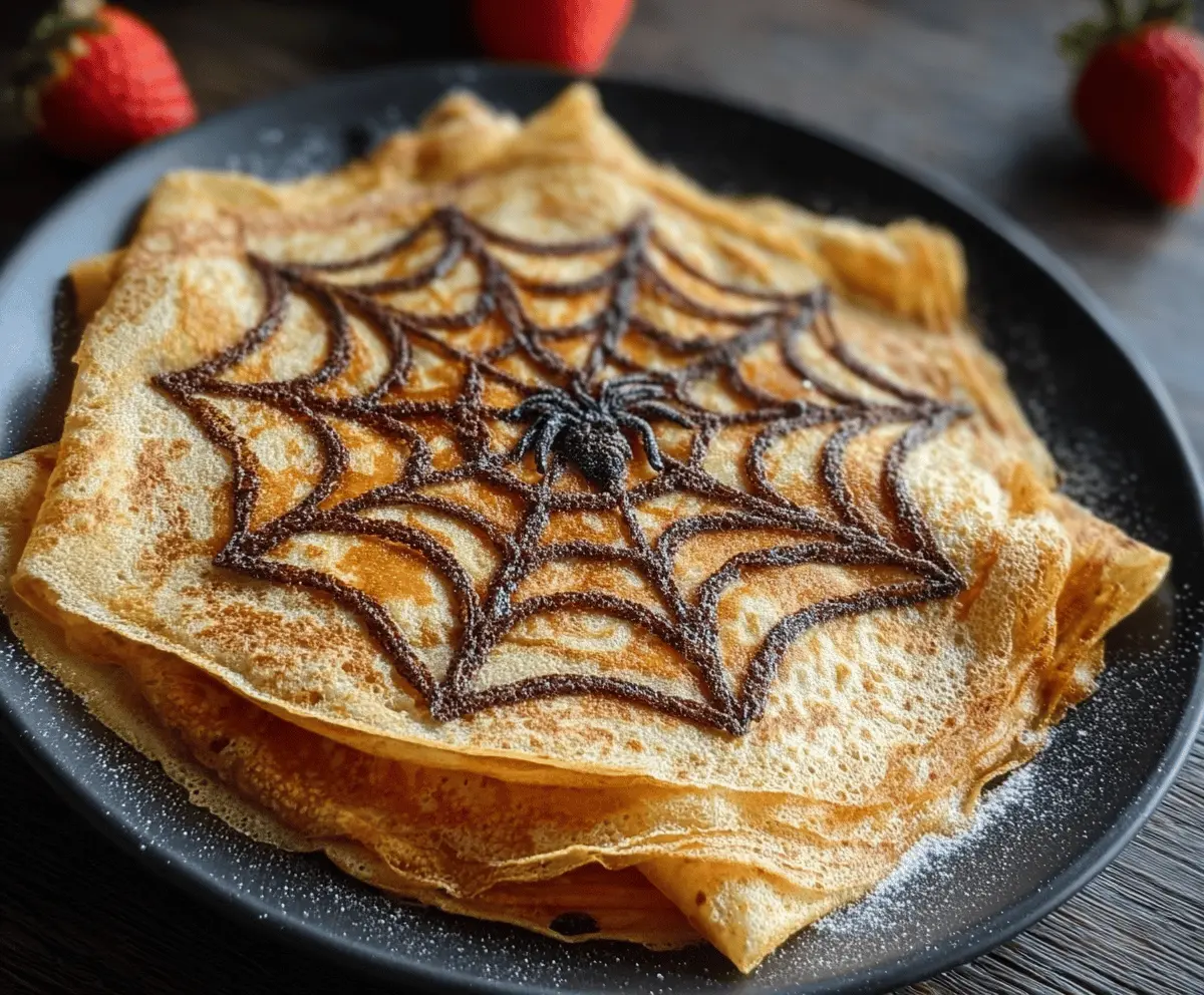 Delicious Spiderweb Crepes topped with chocolate and whipped cream for a spooky Halloween treat
