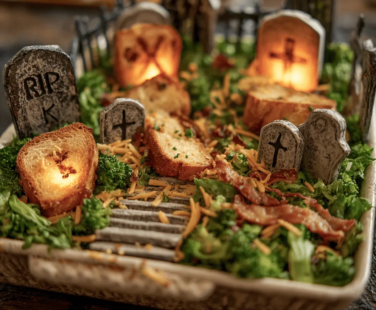 A festive spinach dip decorated as a spooky graveyard scene with edible tombstones, green spinach dip, and creepy decorations for Halloween party.