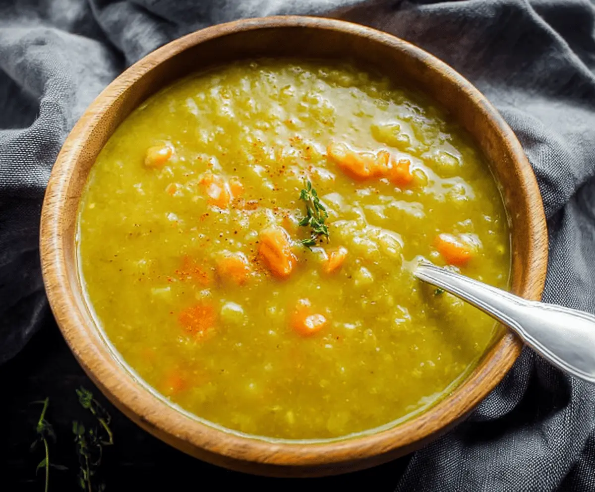 Creamy green split pea soup served in a bowl garnished with fresh herbs and a slice of crusty bread on the side.
