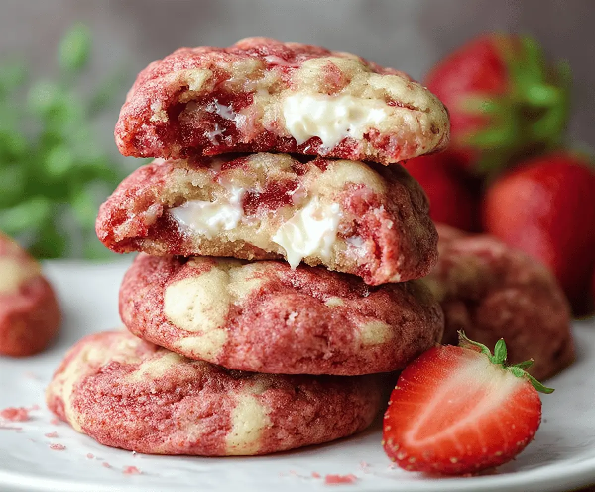 Delicious homemade strawberry cheesecake cookies with fresh strawberries and creamy cheesecake filling on a white plate