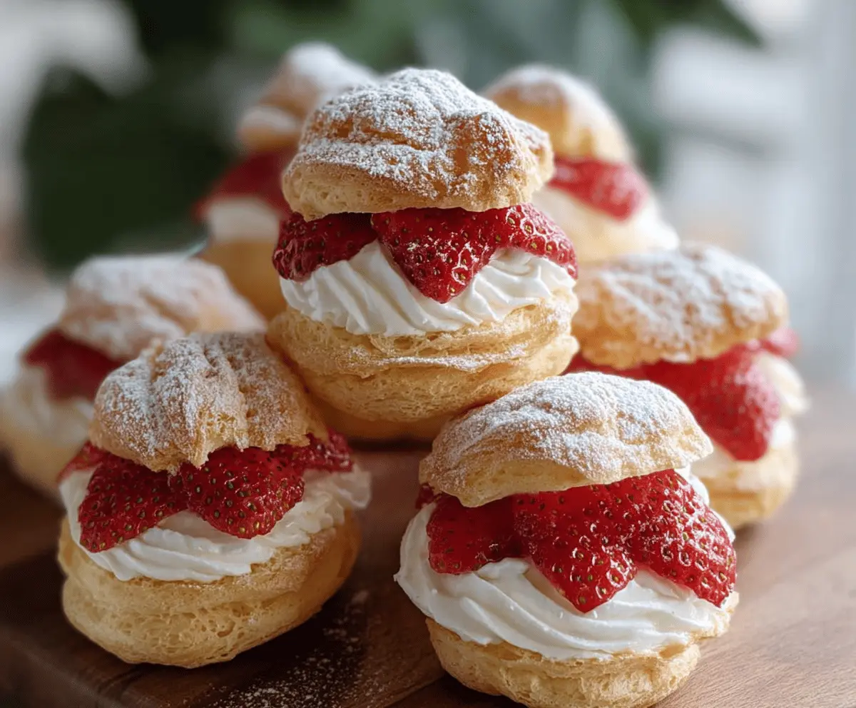 Delicious homemade strawberry cream puffs topped with fresh strawberries and a dusting of powdered sugar on a white plate