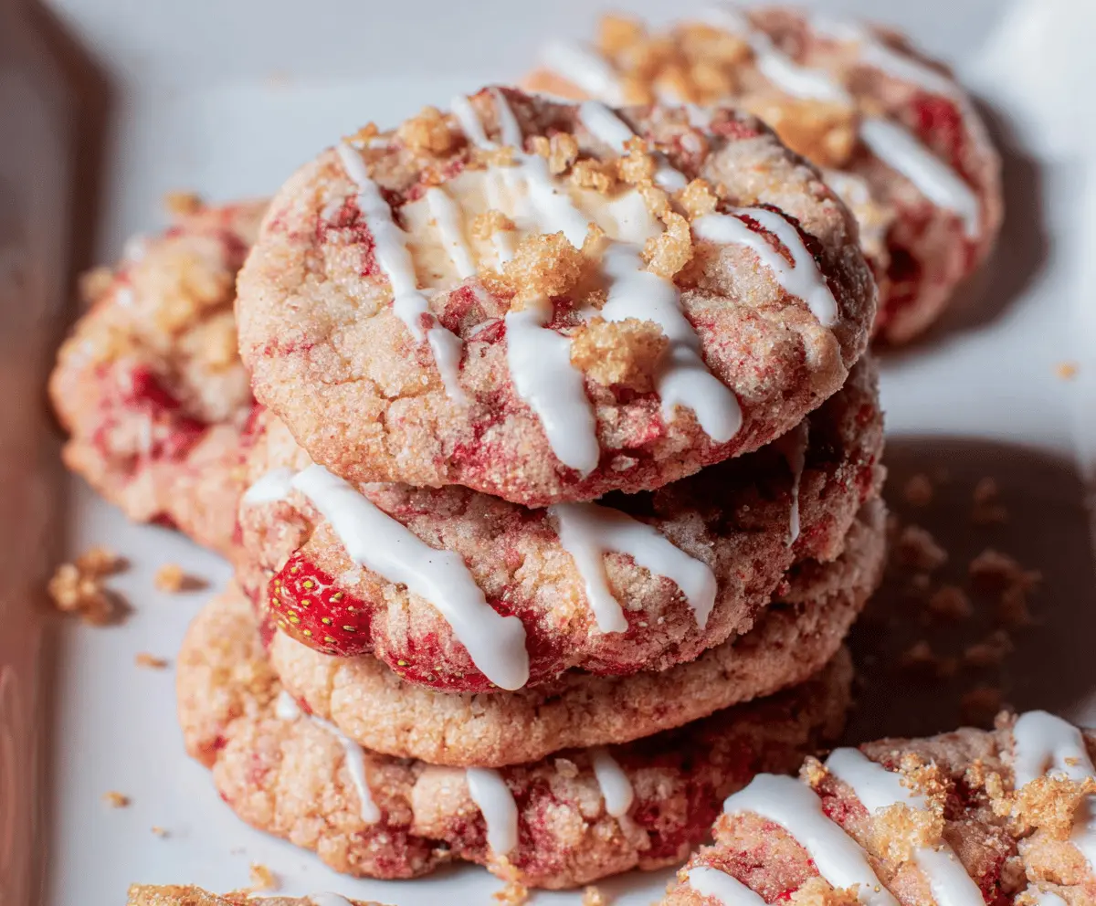 Delicious homemade Strawberry Crunch Cookies with a crispy strawberry-flavored topping and soft cookie base, perfect for a sweet treat.