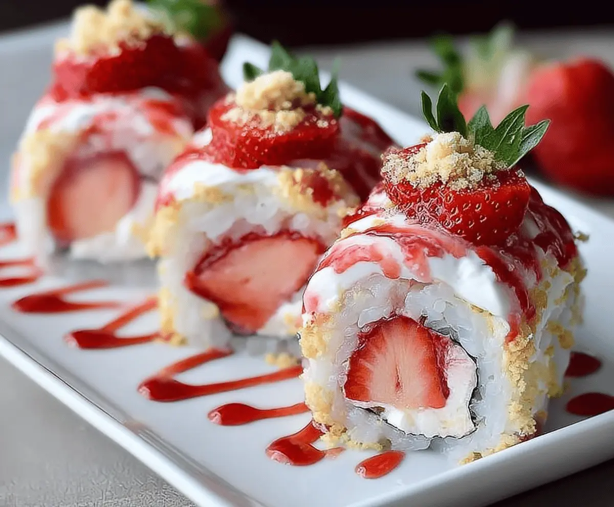 Delicious strawberry shortcake sushi rolls with fresh strawberries, whipped cream, and cake layers, ready to enjoy as a sweet dessert.