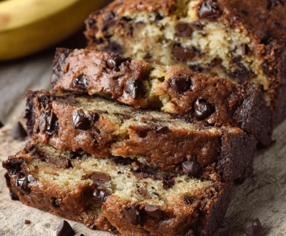 Delicious super moist chocolate chip banana bread sliced and ready to serve, with melted chocolate chips and ripe bananas for a flavorful treat