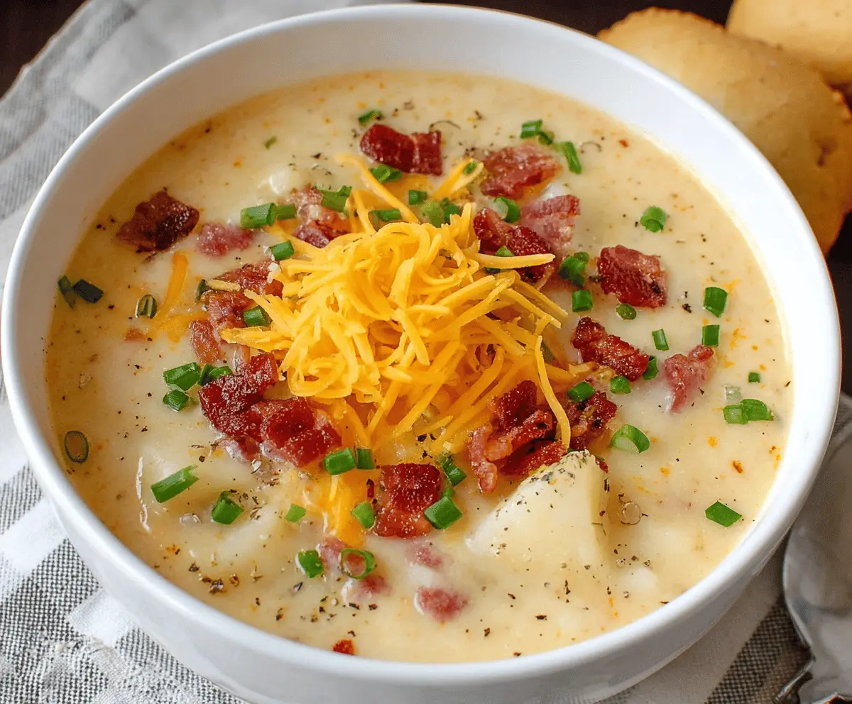 Creamy crockpot potato soup in a bowl topped with chopped herbs and cheese, perfect for a comforting meal