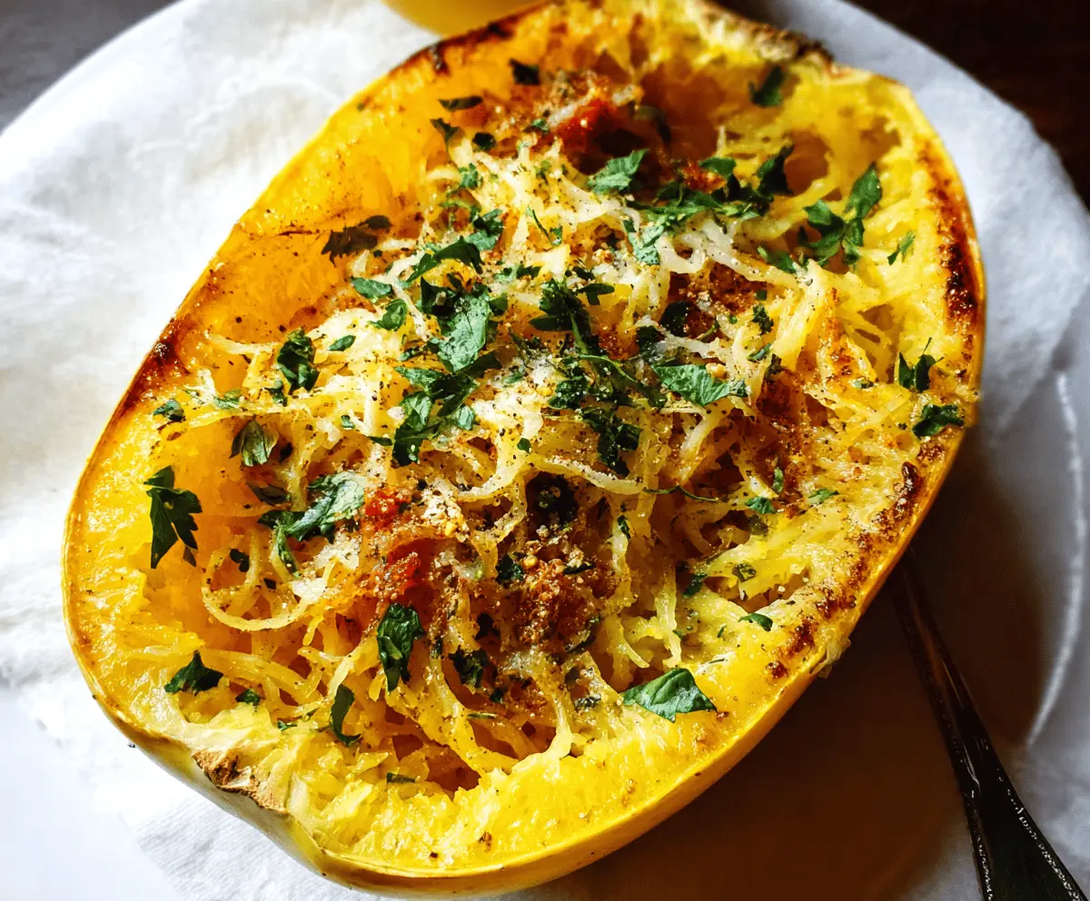 Delicious and healthy spaghetti squash dish, showcasing perfectly cooked, tender strands topped with fresh herbs and seasonings