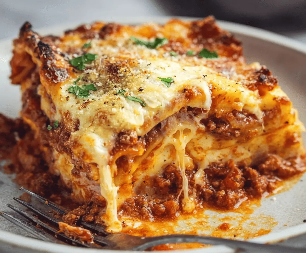 Delicious homemade lasagna with layers of pasta, rich meat sauce, melted cheese, and fresh herbs, showcasing the easiest lasagna recipe.