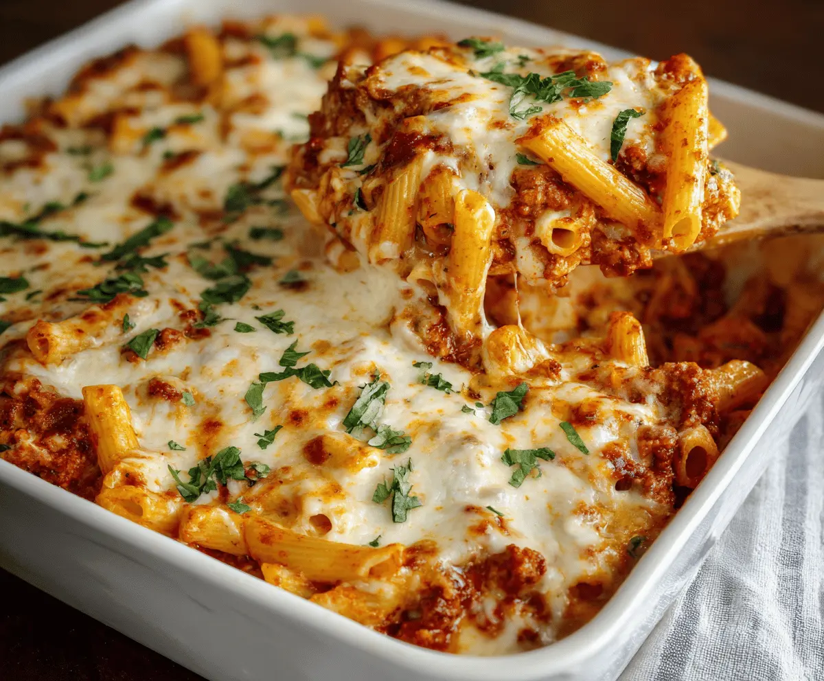 Creamy cheesy baked ziti pasta casserole topped with melted cheese and herbs, hearty and delicious comfort food recipe.