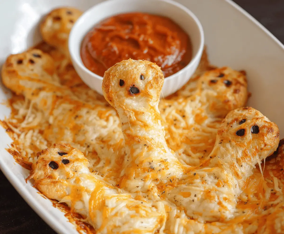 Delicious Halloween appetizers featuring cheesy breadstick bones, perfect for spooky party snacks and festive celebrations.