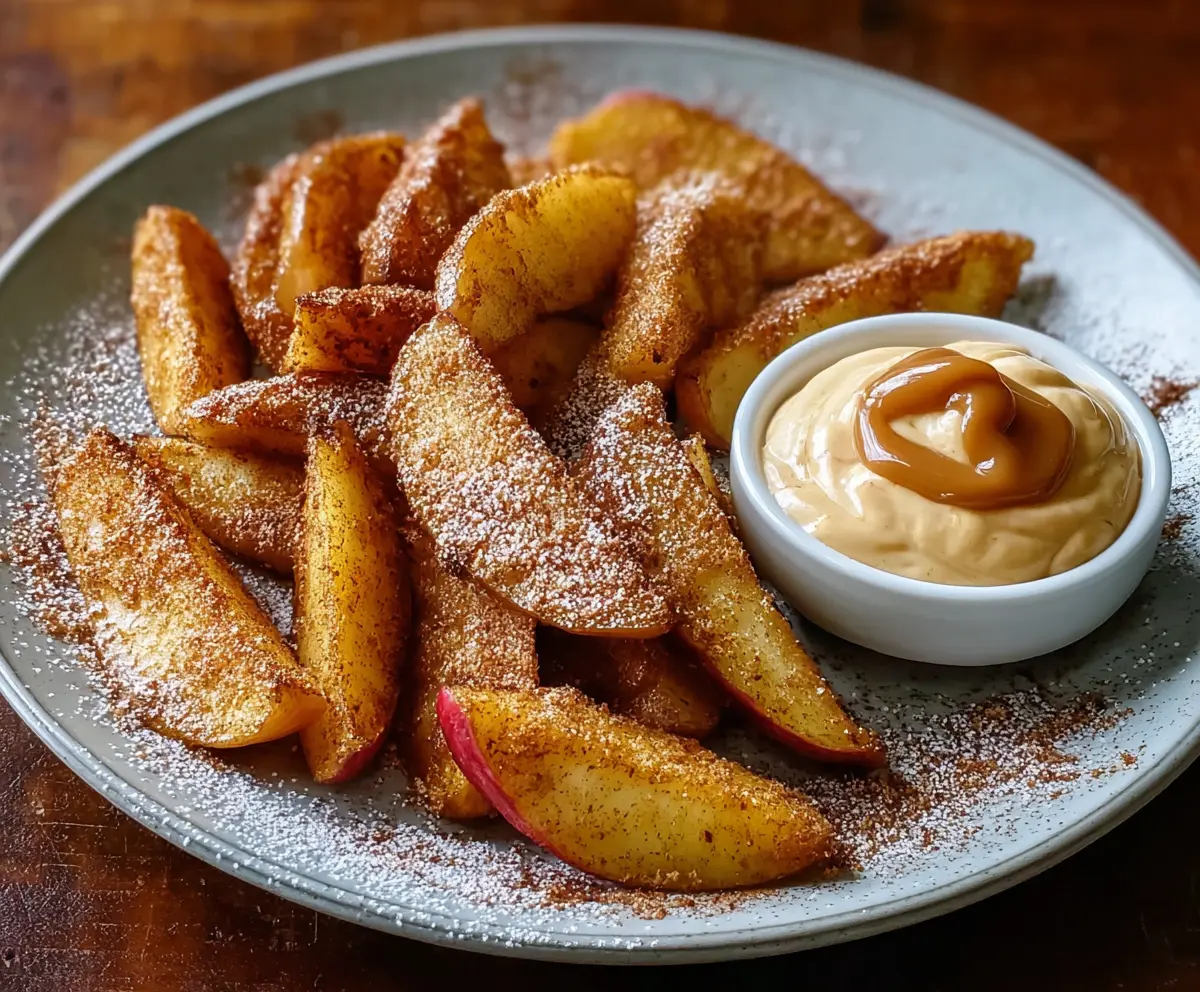 Delicious air fried apple wedges topped with caramel whipped cream served with a dipping sauce.