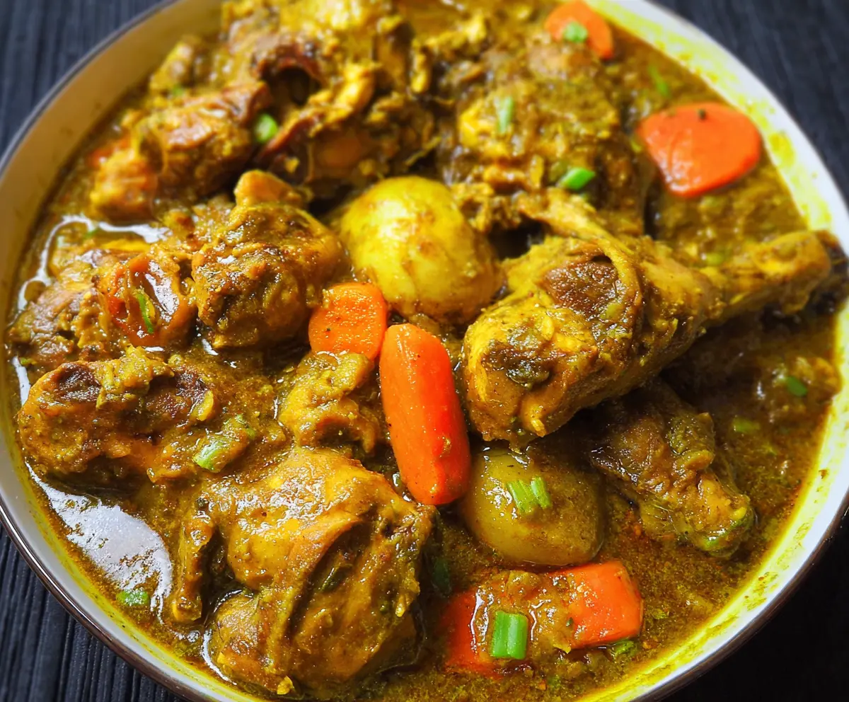 Delicious Authentic Jamaican Curry Chicken served with rice and vegetables, highlighting tender chicken pieces in rich yellow curry sauce.