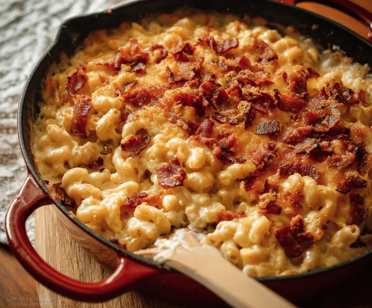 Creamy bacon mac and cheese served in a bowl, topped with crispy bacon bits and melted cheese