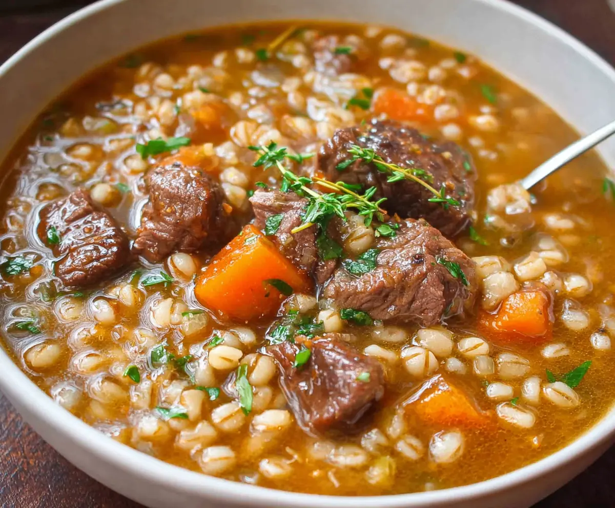 Hearty beef barley soup served in a rustic bowl with fresh herbs on top.