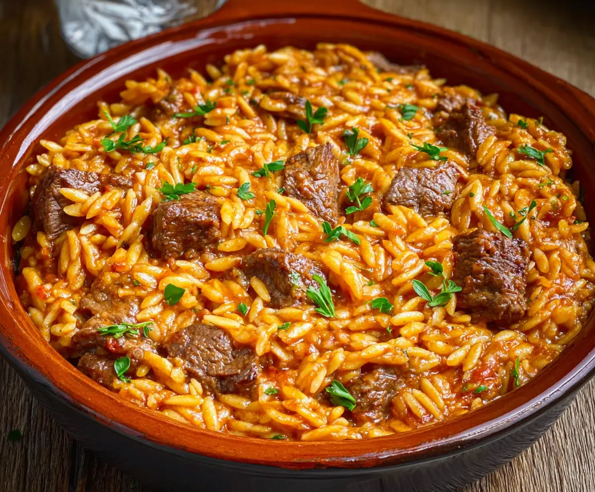 Delicious Beef Giouvetsi Greek dish with tender beef and orzo pasta in a savory tomato sauce.