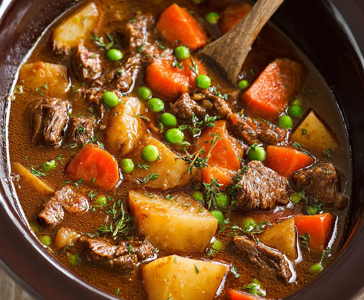 Hearty beef stew cooked in a crock pot with vegetables and tender meat.