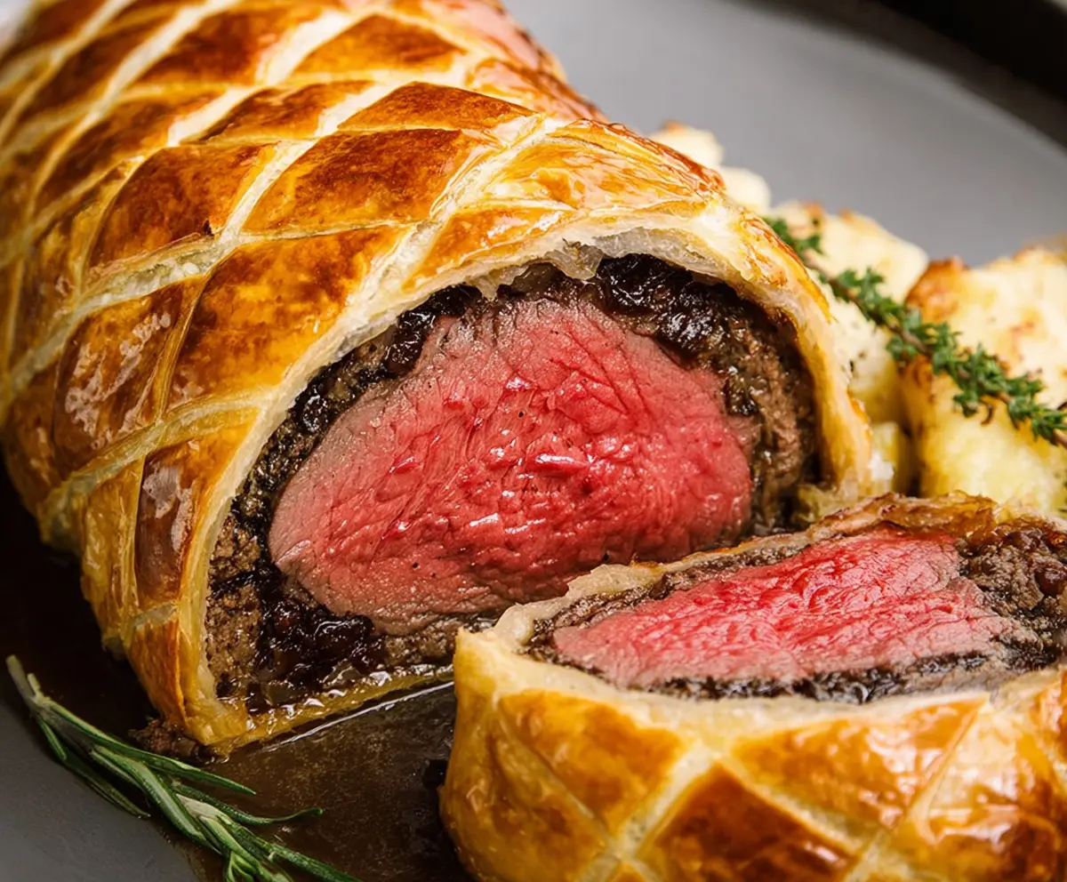 Juicy Beef Wellington served with a golden, flaky puff pastry crust and fresh herbs.