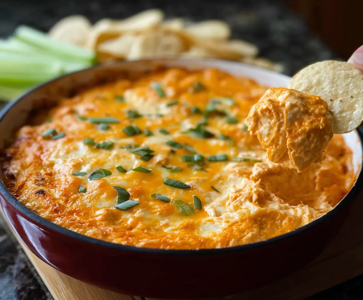 Creamy Buffalo Chicken Dip served with celery and tortilla chips for a spicy appetizer.