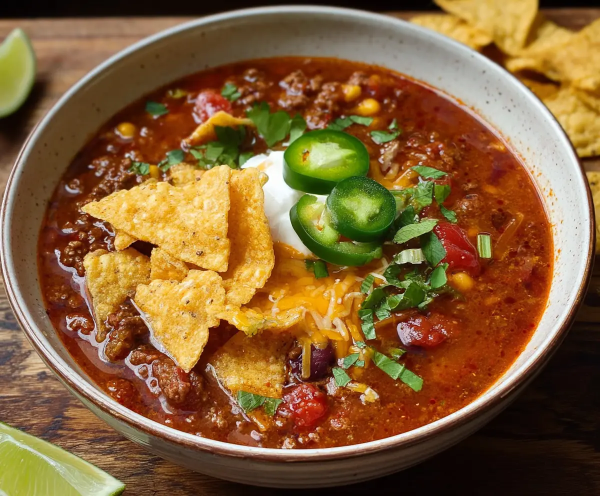 A steaming bowl of bold and hearty taco soup with ground beef, beans, and melted cheese garnished with fresh cilantro.