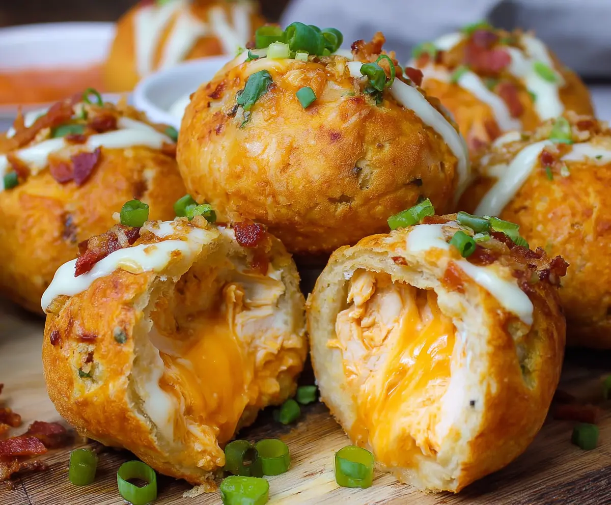 Delicious Buffalo Chicken Bacon Mozzarella Bombs with crispy bacon and melted cheese