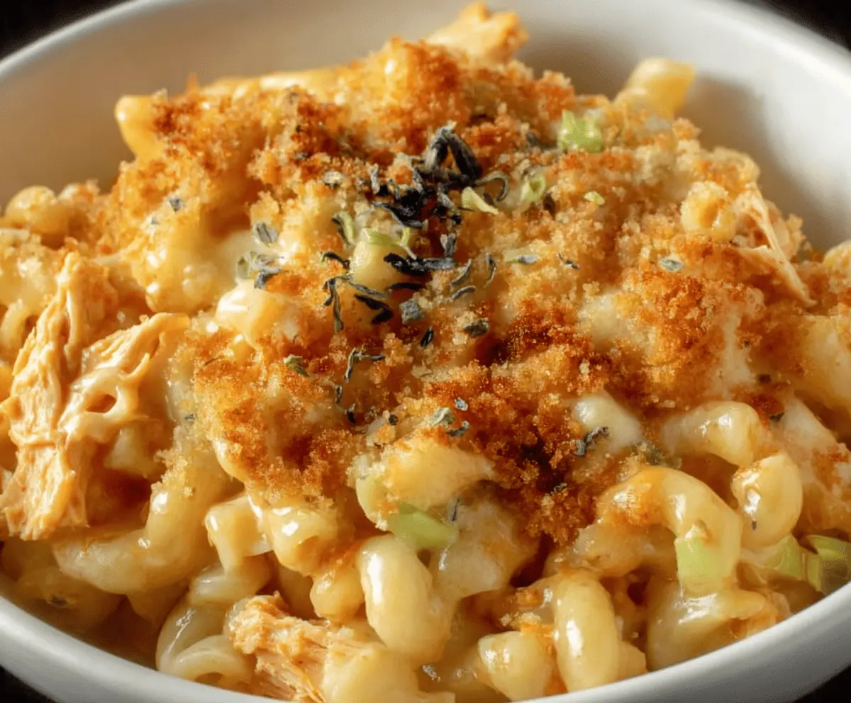 Creamy Buffalo Chicken Mac & Cheese with crispy topping, perfect for spicy comfort food lovers.