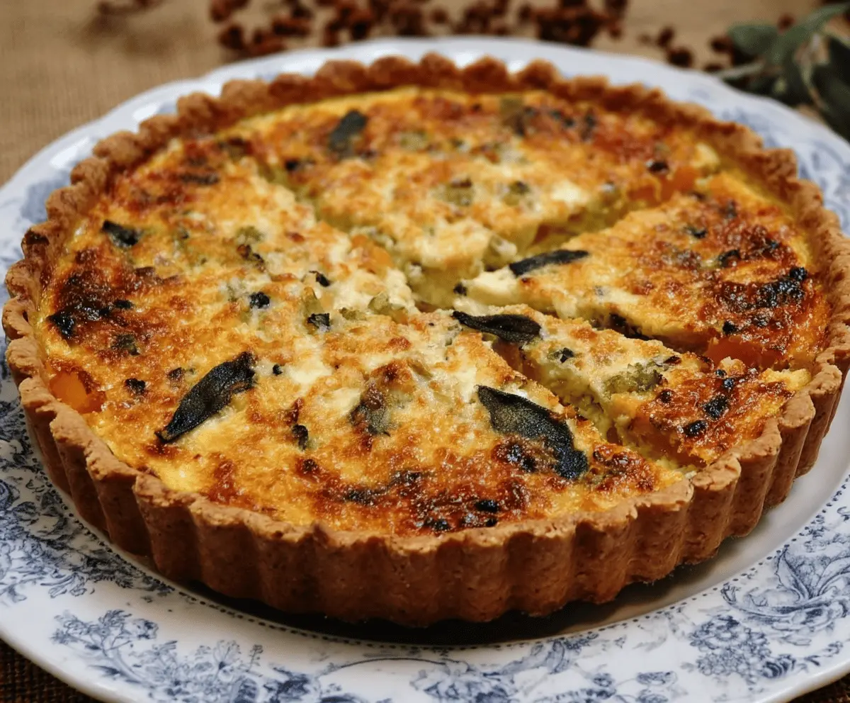 Delicious homemade butternut squash and sage quiche with a golden crust, perfect for brunch or dinner.